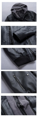 Selling Men Motorcycle Black PU Leather Coats with Hooded Mens