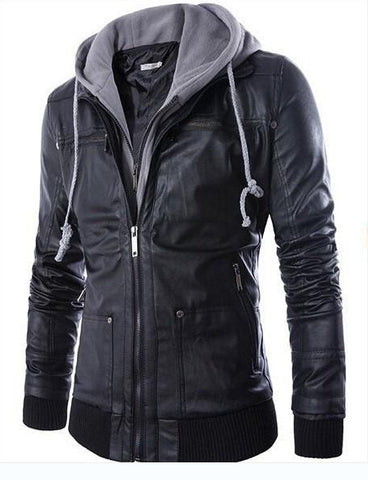 Selling Men Motorcycle Black PU Leather Coats with Hooded Mens