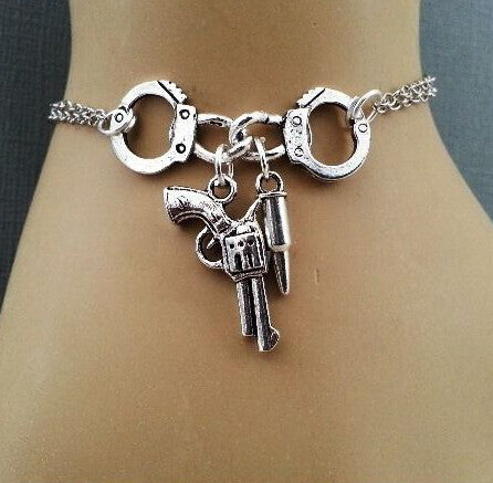 HANDCUFF BRACELET Gun & Bullet Charms