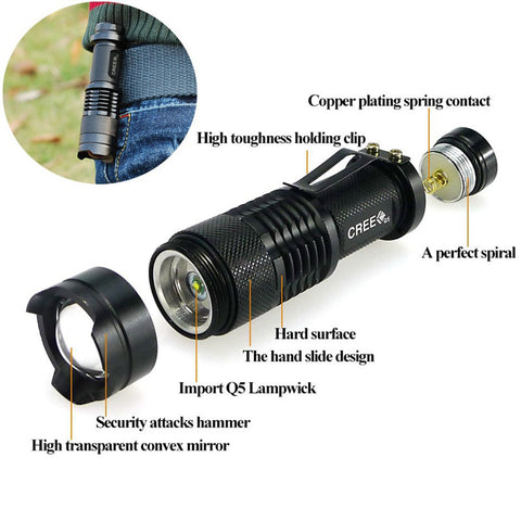 Mini Black CREE 2000LM Waterproof LED Flashlight 3 Modes Zoomable