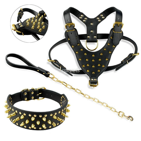 Spiked Studded Leather Dog Pet Pitbull Harness Chest 26"-34"  Collar & Leash Set For Medium Large Dogs