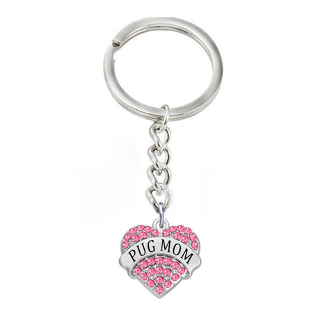 Alloy Rhodium Plated Crystal Rhinesone Hearts Charms Pug Mom Keychains