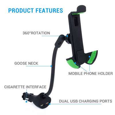 Universal Gooseneck Car Phone Stand Holder with 2.1A Dual USB Car Charger