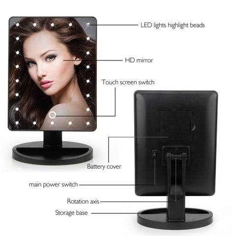 22 LED Touch Screen Makeup Mirror Professional Vanity Mirror Lights Health Beauty Adjustable Countertop 180 Rotating