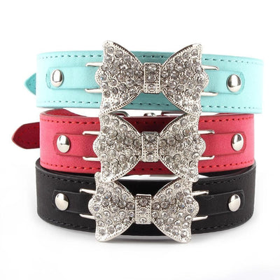 Dog Collar Bling Crystal Bow Leather Pet Collar Puppy Choker Cat Necklace XS S M