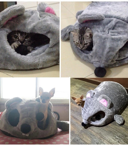 Grey Mouse Shape Bed for Small Cats Dogs Waterproof Bottom