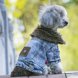 Denim Dog Clothes Winter Fur Collar Dog Coat Thick Warm Pet Clothes Jeans