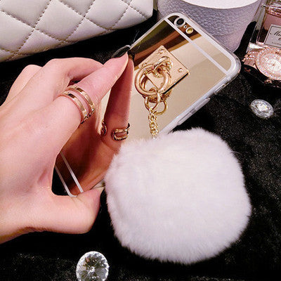 Luxury Metal Rope Mirror Rabbit Fur Ball Case Cover For IPhone 6 6S Plus Iphone 7 7 Plus For Iphone 5 5S SE 4S 4 Case Cover
