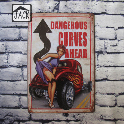 DANGEROUS CURVES AHEAD Vintage shop sign style made from 24 gauge metal with rusted corners look