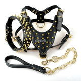 Spiked Studded Leather Dog Pet Pitbull Harness Chest 26"-34"  Collar & Leash Set For Medium Large Dogs