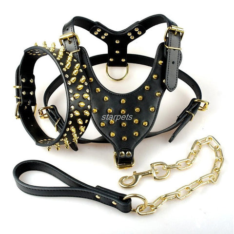 Spiked Studded Leather Dog Pet Pitbull Harness Chest 26"-34"  Collar & Leash Set For Medium Large Dogs