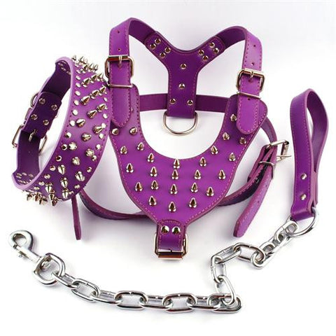 Spiked Studded Leather Dog Pet Pitbull Harness Chest 26"-34"  Collar & Leash Set For Medium Large Dogs