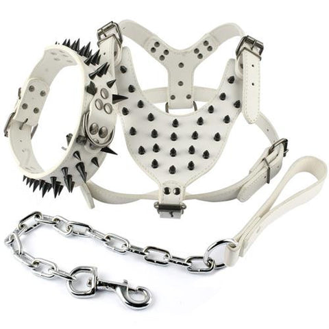 Spiked Studded Leather Dog Pet Pitbull Harness Chest 26"-34"  Collar & Leash Set For Medium Large Dogs