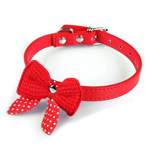Knit Bowknot Adjustable PU Leather Dog Puppy Pet Collars