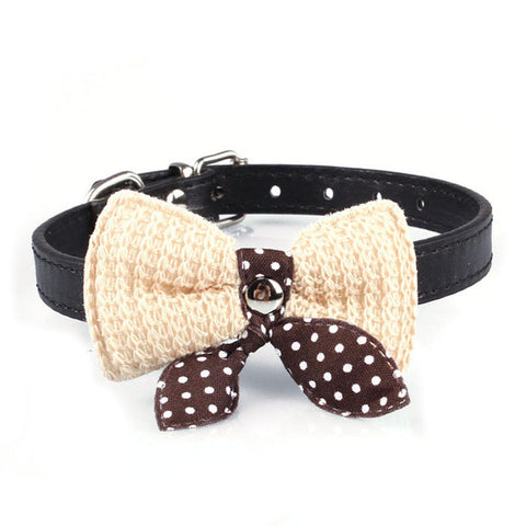 Knit Bowknot Adjustable PU Leather Dog Puppy Pet Collars