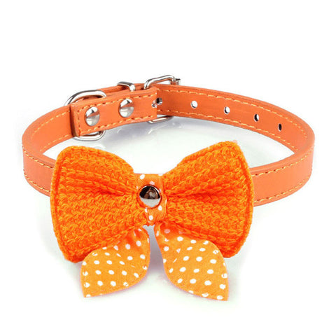Knit Bowknot Adjustable PU Leather Dog Puppy Pet Collars