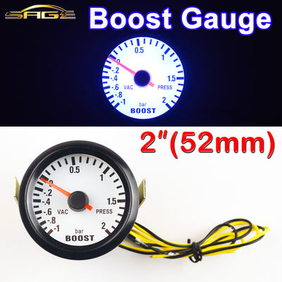 Car Gauge 2" 52mm Bar Turbo Boost Gauge -1~2 Bar Vacuum Press Meter for Auto Blue Light Black Rim Shell 12V