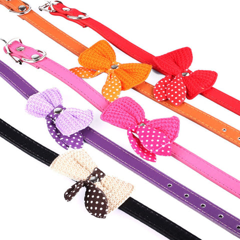 Knit Bowknot Adjustable PU Leather Dog Puppy Pet Collars