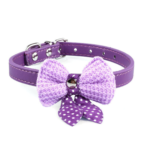Knit Bowknot Adjustable PU Leather Dog Puppy Pet Collars