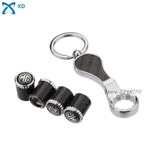 4Pcs/set With Mini Wrench Keychain Car Styling Tire Valve Stems Caps Carbon Fiber Wheel For MG