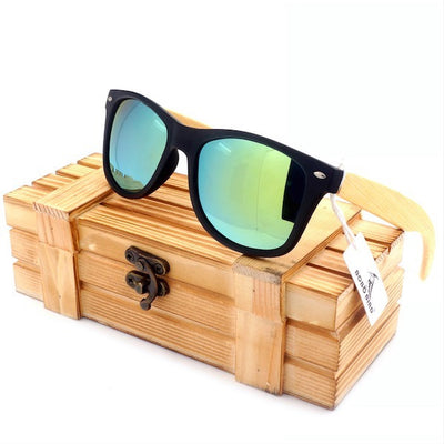 High Quality Vintage Black Square Sunglasses With Bamboo Legs Mirrored Polarized  Wood Box