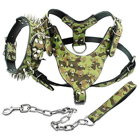 Spiked Studded Leather Dog Pet Pitbull Harness Chest 26"-34"  Collar & Leash Set For Medium Large Dogs