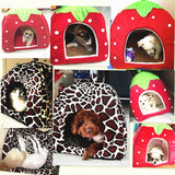 Pet Cat House Foldable Soft Winter Leopard Dog Bed Strawberry