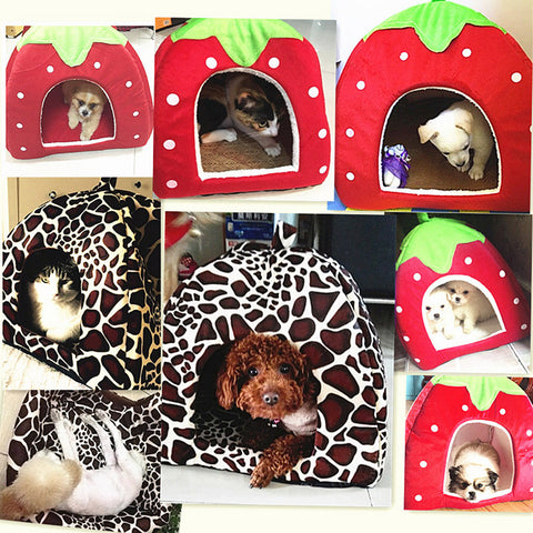 Pet Cat House Foldable Soft Winter Leopard Dog Bed Strawberry