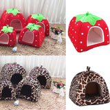 Pet Cat House Foldable Soft Winter Leopard Dog Bed Strawberry