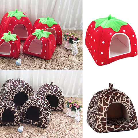 Pet Cat House Foldable Soft Winter Leopard Dog Bed Strawberry