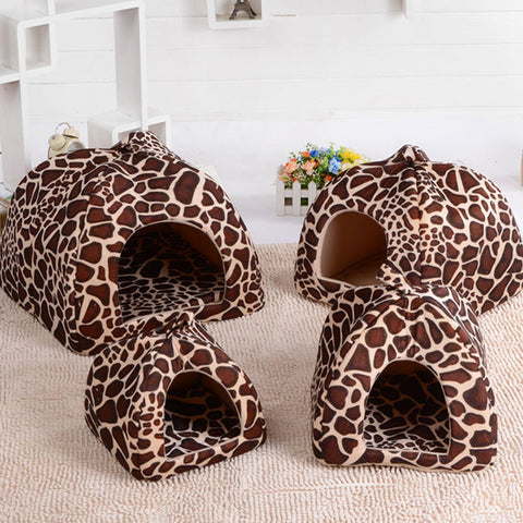 Pet Cat House Foldable Soft Winter Leopard Dog Bed Strawberry
