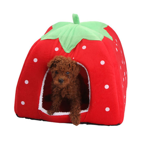 Pet Cat House Foldable Soft Winter Leopard Dog Bed Strawberry