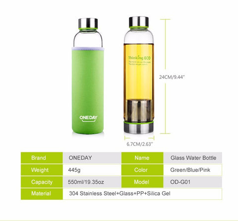 550ML My Bottle Glass Tea Infuser Water Bottle With Stainless Steel Filter