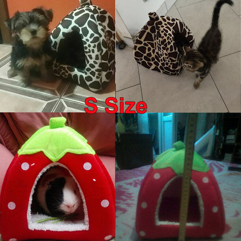 Pet Cat House Foldable Soft Winter Leopard Dog Bed Strawberry