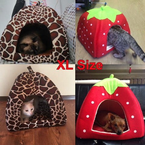 Pet Cat House Foldable Soft Winter Leopard Dog Bed Strawberry