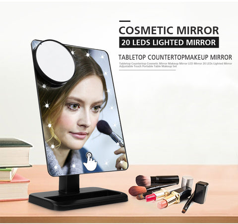 Adjustable Vanity Tabletop Lamp 20 LEDs Lighted LED Touch Screen Mirror Makeup Portable Mirror Luminous 180 Rotating Mirror