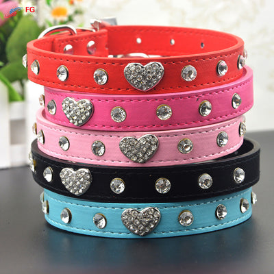 Bling Rhinestone Crystal Leather Pet Dog Cat Collars Adjustable Collar with Pendant