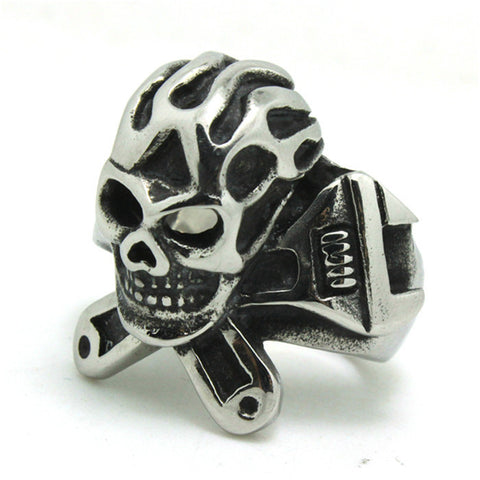 1pc Cool Fashion Punk Style Big Skull Wrench New Ring 316L Stainless Steel Hot Selling Ring