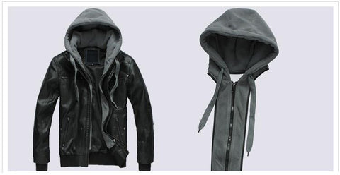 Selling Men Motorcycle Black PU Leather Coats with Hooded Mens