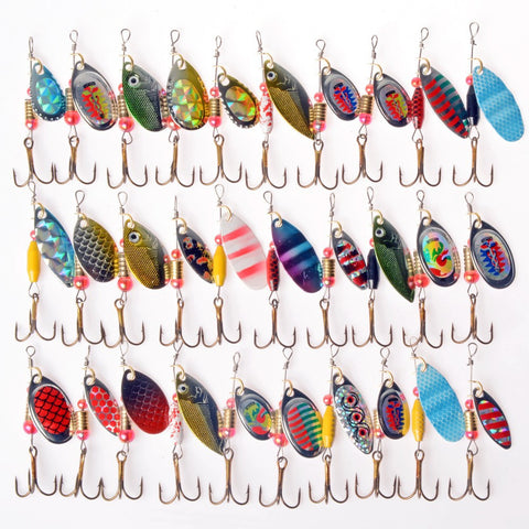 Hot 30pcs/lot Spinners Fishing Lure Mixed color/Size/Weight Metal Spoon Lures hard bait fishing tackle