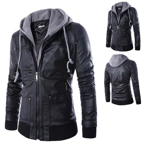 Selling Men Motorcycle Black PU Leather Coats with Hooded Mens