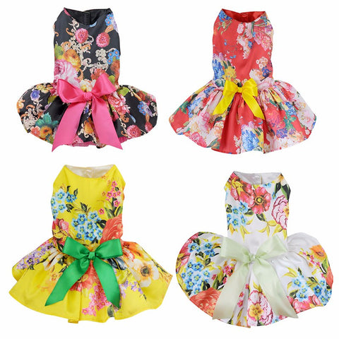 Dogs Puppy Cats Princess Bowknot Floral Dress Pets Costume XS/S/M/L/XL