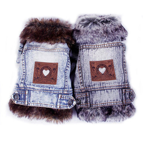 Denim Dog Clothes Winter Fur Collar Dog Coat Thick Warm Pet Clothes Jeans