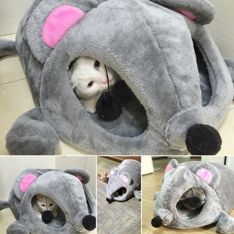 Grey Mouse Shape Bed for Small Cats Dogs Waterproof Bottom