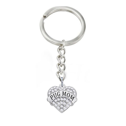 Alloy Rhodium Plated Crystal Rhinesone Hearts Charms Pug Mom Keychains