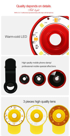 9 in 1  Multifunctional Selfie Mini LED Retina Flash with Universal  Clip on Fisheye Fish eye Wide Angle Macro Mobile Phone Lens