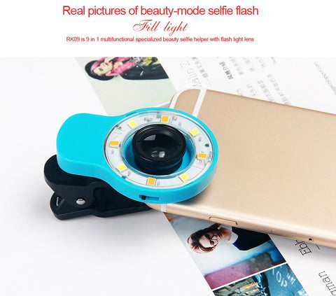 9 in 1  Multifunctional Selfie Mini LED Retina Flash with Universal  Clip on Fisheye Fish eye Wide Angle Macro Mobile Phone Lens