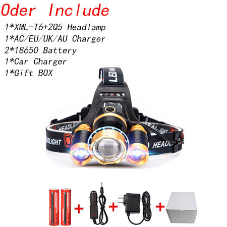 8000Lumen Rechargeable Headlamp Xml T6+2Q5 LED Use 18650 Battery Car Charger