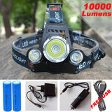 10000Lumen CREE XML T6+2R5 LED Headlight 4mode torch +2x18650 battery+EU/US Car charger