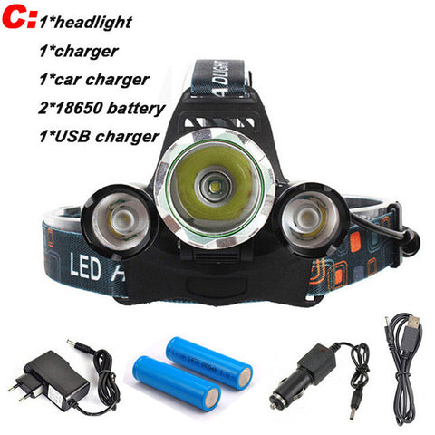 10000Lumen CREE XML T6+2R5 LED Headlight 4mode torch +2x18650 battery+EU/US Car charger